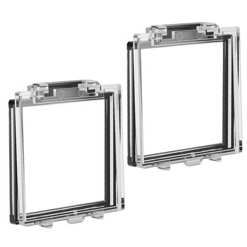 Two Pack 55mm Power Push Button Switch Covers With Double Sided Design shown in clear plastic to prevent accidental shutdowns.