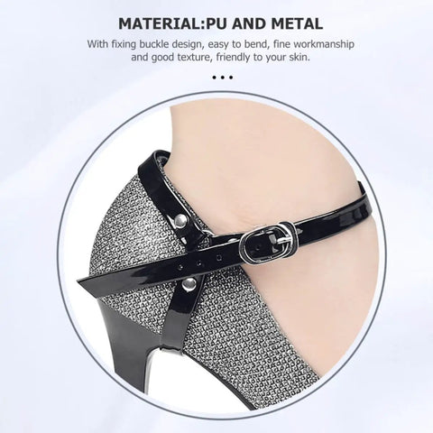 Close-up of adjustable anti-drop shoe strap for black pumps, made of durable PU and metal, locking for a custom fit.