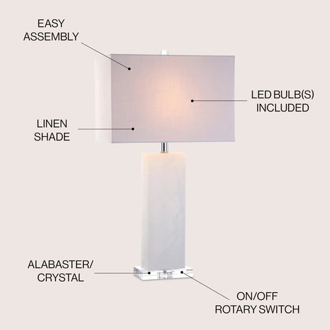 White Alabaster 27 Inch Rectangular Table Lamp With White Linen Shade, Modern Bedside Nightstand Light, LED Bulb Included