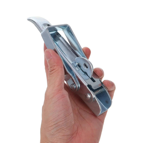 Hand holding Heavy Duty Trailer Gate Latch Kit with Adjustable Over Center Toggle Latches, showcasing rust-resistant metal