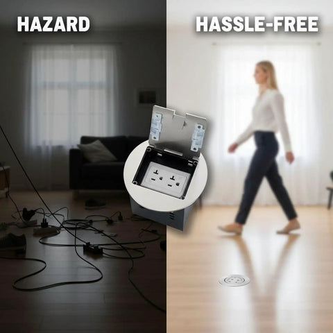 Top Shelf Recessed Floor Outlet With Six Hole Stainless Steel Round Hidden Electrical Box And Splash Proof Cover For Zero Hassle 20 Amp Power In Homes Offices And Commercial Spaces shown in a split image of messy wires versus a clean floor outlet.