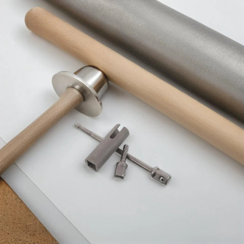 Must-Have Stainless Steel Trailer Jack Drill Adapter shown with connecting tools and wooden handle for RV leveling and heavy trailers.