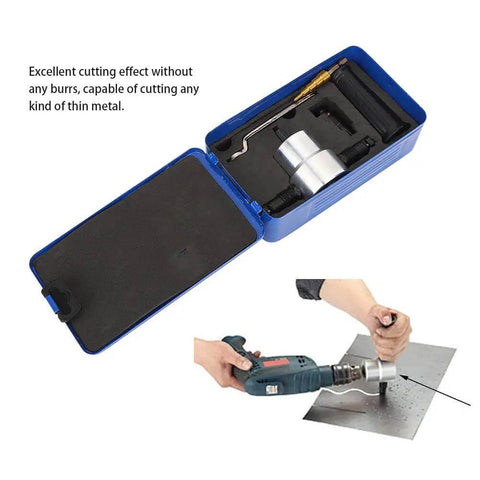 Six Piece Double Head Metal Nibbler Cutter Drill Attachment Kit in case, cutting sheet metal with drill.