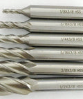Six-piece end mill set, center-cutting, 4-flute HSS, sizes 1/8, 3/16, 1/4, 5/16, 3/8, 1/2 in with 3/8 in shank