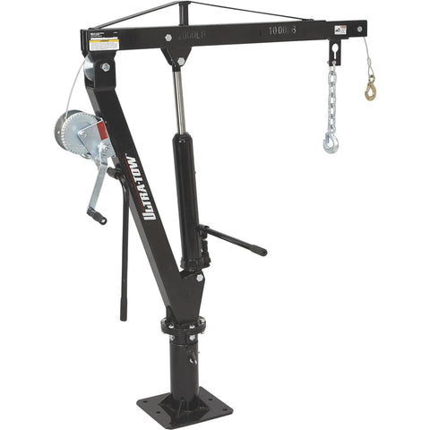 Beast Mode Hydraulic Pickup Truck Crane With 360 Degree Pivot And Integrated Hand Winch Built Legit For Up To Two Thousand Pound Vehicle Load Towing, side view, heavy duty black steel construction.