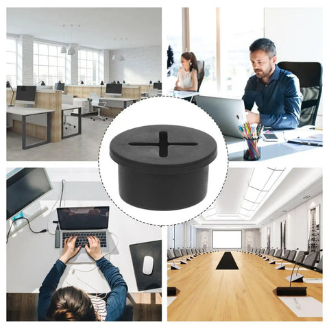 20 Pack Black Round Desk Hole Grommet Kit For Cables And Wires, Rubber Plastic Cord Covers For Office Desks, Desk Cable Management Inserts, Keeps Cables Hidden And Tidy For A Boss Desk Setup, black round desk grommet shown in office use