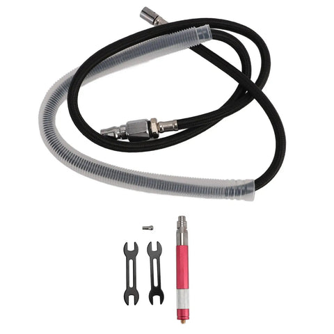 Slick Air Pencil Die Grinder Kit Pneumatic Power Tool with Quick Chuck includes hoses, wrench, and red pen-style grinder for engraving.