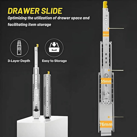 Locking Drawer Slides Built To Last 500 Lb Load Capacity Side Mount Full Extension Ball Bearing Rails For Tool Boxes 12 Inch To 80 Inch With Yellow Lock Handles For Safe Smooth Secure Drawer Travel.
