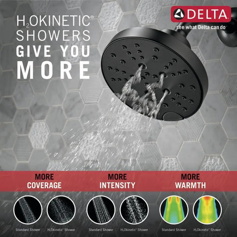 5 Spray Matte Black Shower Head With H2Okinetic Technology, demonstrating water flow against hexagonal tile background