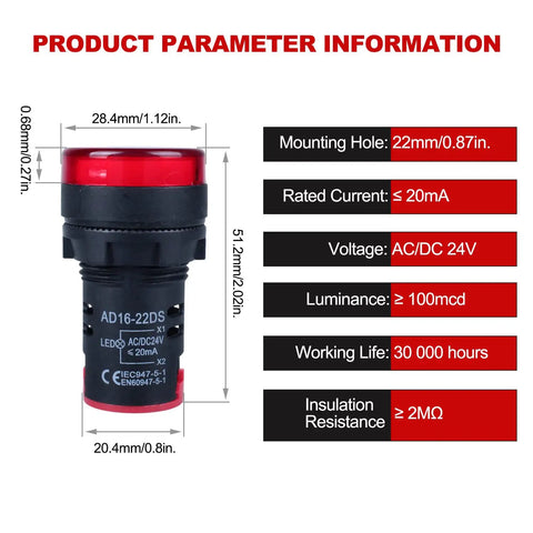 Product parameters of LED indicator light, 22mm panel mount, 24V AC/DC, 20mA, ultra bright red, industrial use