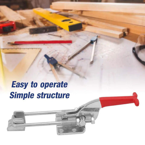 Built Like A Tank Carbon Steel Toggle Clamp With Quick Release Latch Action For Welding Woodworking Jig Assembly Featuring Triangular Gripping Lever Handle 120 Millimeter on a woodworking table.