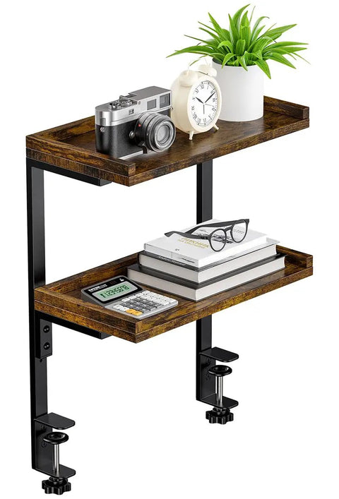 Dope Clamp On Desk Shelf Two Tier Wood Setup For Office Desk And Gaming Accessories 12.5 Inch Tabletop Book Storage Rack Top And Under Desk Organizer No Drill Brown Finish with camera, plant, glasses, books, and clock displayed on shelves.