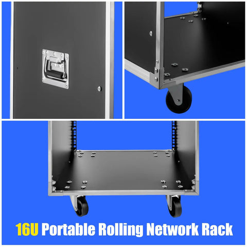Close-up view of Rock Solid 16U Portable Rolling Network Rack with handle, smooth swivel casters, and durable design.
