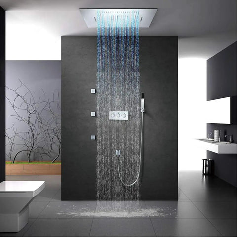 Top Shelf Thermostatic Rainfall Shower Setup With LED Wall Mount Handle And Dual Spray Handheld Copper Core Stainless Steel Ceiling Head For Game Changing Soaks In Glossy Silver Finish, featuring rainfall and handheld sprayer.