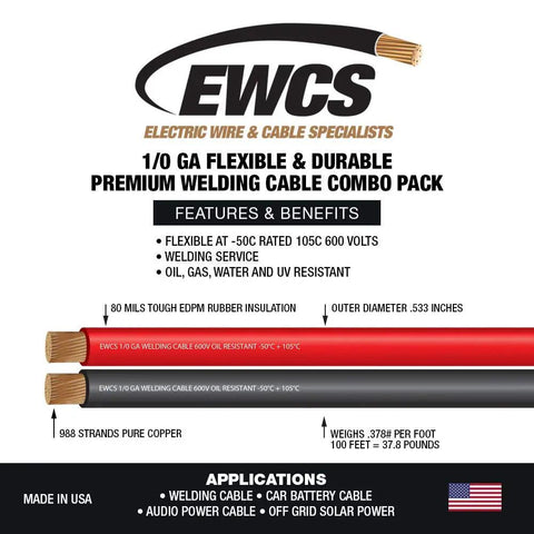 1/0 Gauge Premium Extra Flexible Welding Cable 600 Volt Combo Pack Black And Red, 10 Feet Each, Made In The USA, Sunlight Resistant