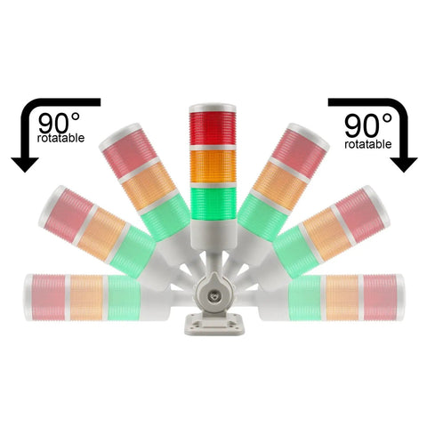 Heavy Duty Five Tier Signal Tower Stack Lights With Rotatable Base And Built In Sounder Alarm Steady Flashing Options For Busy Manufacturing Floors showing rotatable lights.
