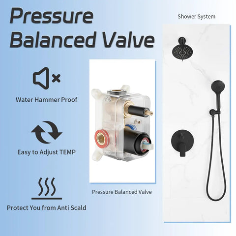 Sleek Matte Black All In One Shower System With Rain Shower Head And Handheld High Pressure 15 Settings Dual 2 In 1 Fixtures Brass Valve Included Easy Install Durable Finish, showing pressure balanced valve details and shower system.