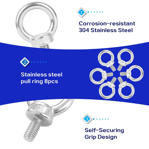 8 Pack M6 Eye Bolts, Beefy Heavy Duty Stainless Steel Eyebolts For Lifting Machinery And Outdoor Use, corrosion resistant 304 stainless