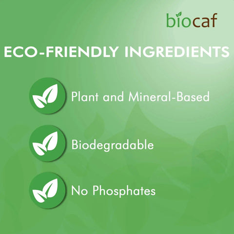 Eco-friendly ingredients of descaling powder for espresso machines and coffee makers, plant-based, biodegradable, no phosphates.