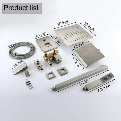 Top Notch Brushed Nickel Shower System With A 10 Inch Rain Head 3 Function Wall Mount Fixtures product components layout