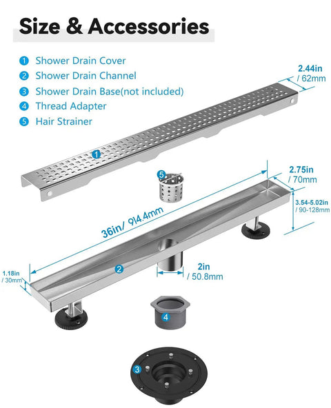 Diagram showing dimensions and parts of 36 Inch Linear Shower Drain With Brushed Nickel Finish, 304 Stainless Steel Modern Shower Floor Drain