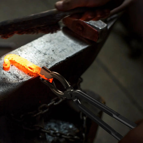 Hardcore Blacksmith Tongs Set 17 Inch Carbon Steel Forging Tongs One Piece holding hot metal on anvil