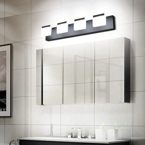 Four Light Matte Black Vanity Lights Over Mirror LED Modern Bathroom Fixture With Acrylic Diffusers Durable Black Metal Frame