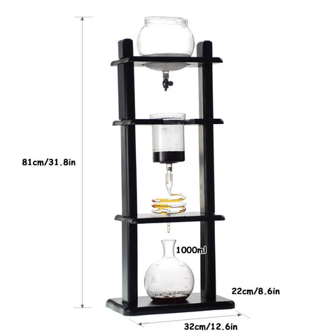 Smooth Sip Ice Drip Coffee Maker Featuring Solid Pine Wood Glass Tower, 5-8 cups, 81cm height, perfect for kitchen or office.