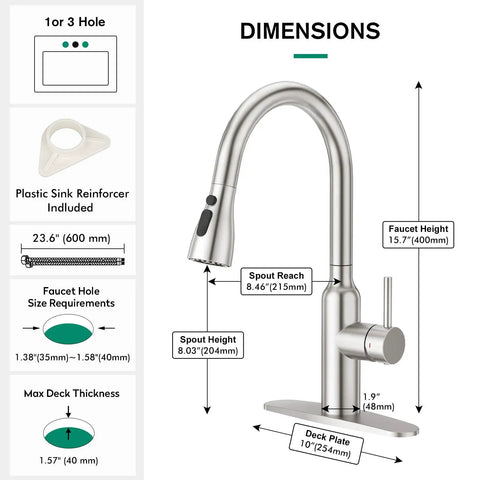 Brushed Nickel Kitchen Faucet With Pull Down Sprayer, Small High Arc, RV Ready, Stainless Steel, dimensions and features diagram.