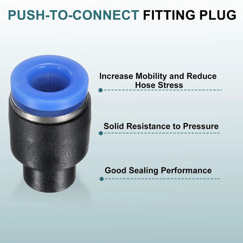Five Pack One Quarter Inch Tube Push To Connect Fittings Cap Style Pneumatic Blanking Plugs For Leak Proof Air Lines In Compressed Air Systems 6mm OD PBT Plastic, blue cap-style plug