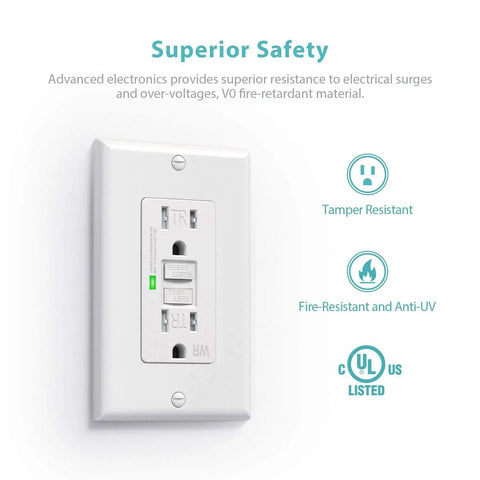 Self Test GFCI Outlet 15 Amp 125 Volt Weather Resistant Tamper Resistant Receptacle With LED Indicator mounted on wall