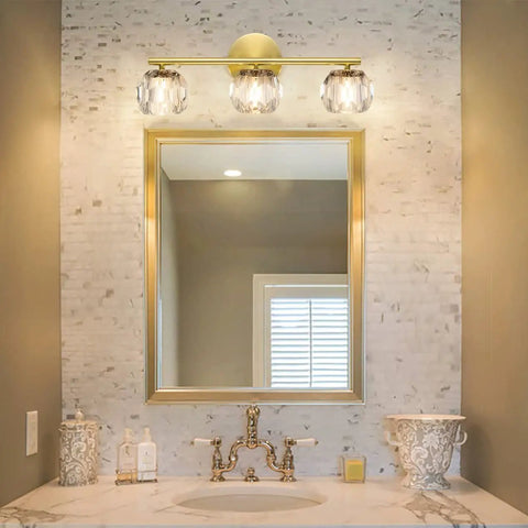 Three Light Gold Brass Vanity Light Fixture With Clear K9 Crystal Glass For Bathroom Over Mirror Modern Wall Sconce 120V G4 Base Lit Glow