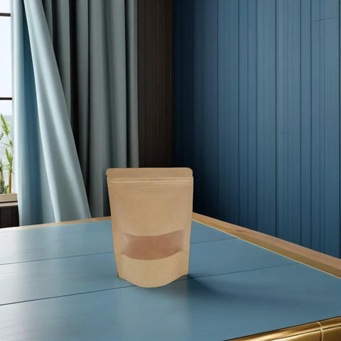Resealable Kraft Paper Bag with Clear Window on table for Food Storage and Pantry Organization Pack of 50