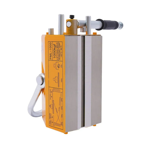 Heavy Duty Permanent Magnet Lifter For Steel Sheets with grippy rubber handle and sturdy U hook for easy lifting.