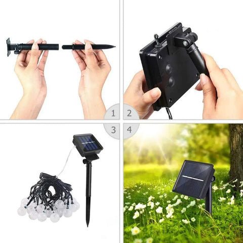 Solar Powered Outdoor String Lights 50 LED 24ft 8 Modes Waterproof Fairy Lights With Globe Crystal Balls For Garden Yard Home Party Wedding Christmas Decoration Lit showing solar panel and setup process