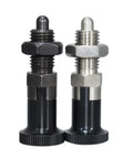 Sleek Indexing Plunger Pin With Self Locking Fine Thread Positioning Knob For Industrial Equipment And Machinery, two pins with different finishes.