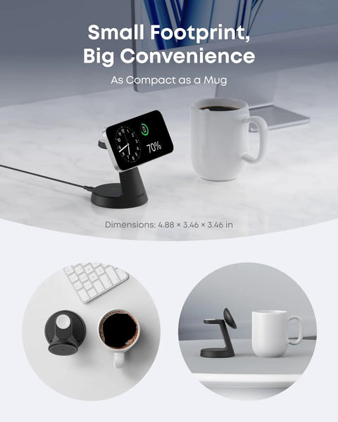 MagSafe 15W Wireless Charger Dock For iPhone 17 16 15 14, Apple Watch And AirPods, 3-In-1 MagGo Nano Charging Stand size comparison