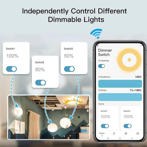 Three Gang Smart Dimmer Switch for Single Pole Setup, Neutral Wire Required, Independently Dim Each Light control interface on phone