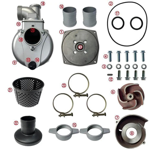 Top Tier 3 Inch Keyed Shaft Semi Trash Water Pump Replacement With NPT Threads And Three Bolt Ports For DuroMax Ironton Pulsar Engines No Sweat Swap Quick Connect Ports Full Gasket Kit Included components diagram showing pump parts, hardware, and fittings.