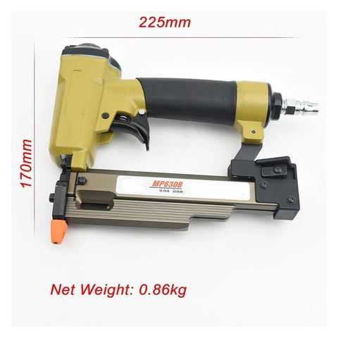 Smooth Operator Pneumatic Micro Brad Nail Gun Featuring Badass Light Frame And Three Quarter Inch Reach showing size, weight, and connector.