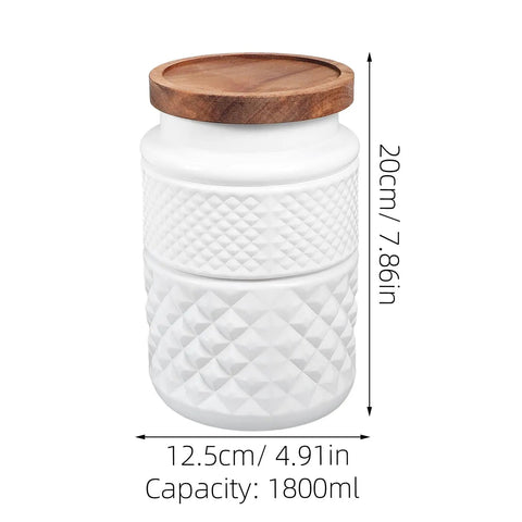 Top Shelf Durable 1800Ml Glass Storage Jars With Hella Tight Airtight Wooden Lids Vintage White Matte Tea Canisters, 20cm tall.
