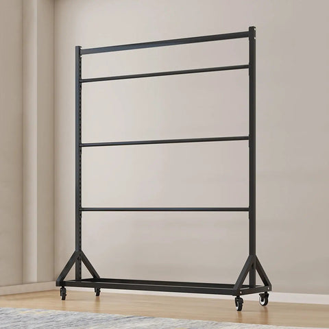Adjustable Heavy Duty Steel Scarf Rack For Closets Featuring Triple Rod Design Hangs Heavy Blankets Andquilts Black Powder Coated Metal Organizer on wheels.