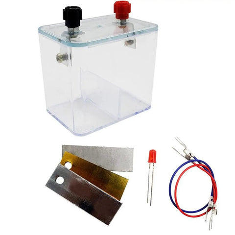 Hands On Galvanic Cell Experiment Kit For High School Chemistry Redox Demonstrations With Copper Iron And Zinc Electrodes Battery Simulation Device For Visualizing How Chemical Energy Converts To Electricity. Clear container, metal electrodes, red and blue wires visible.