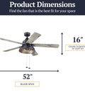 Brightondale 52 Inch Industrial Style Indoor Outdoor LED Ceiling Fan dimensions with light, 16 inch height, dual finish blades