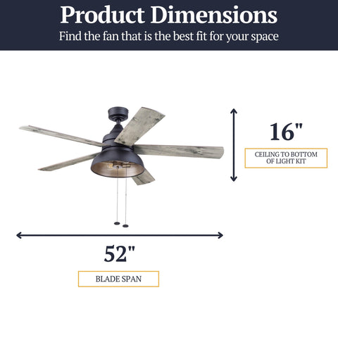 Brightondale 52 Inch Industrial Style Indoor Outdoor LED Ceiling Fan dimensions with light, 16 inch height, dual finish blades