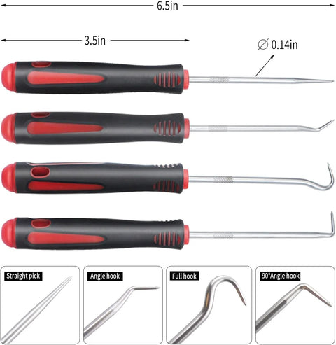 4-piece 6.5in automotive pick and hook set with comfort-grip black/red handles and metal shafts