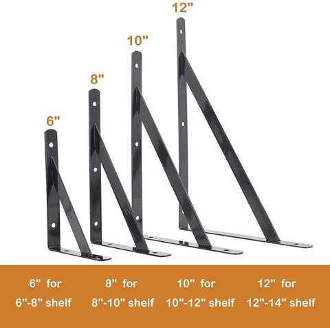 Rock Solid 10 Inch Shelf Brackets 6 Pack Heavy Duty L Bracket Supports for DIY shelves, showing 6, 8, 10, and 12 inch black brackets.