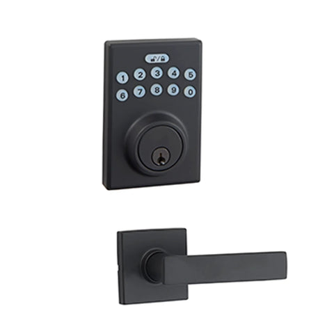 Contemporary Electronic Keypad Door Lock With Matte Black Hardware Designed For Hassle Free Keyless Entry Deadbolt Installation shown from the front with keypad and handle.