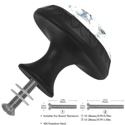 Dang Sharp Black And White Marble Look Round Cabinet Knobs 4 Pack Featuring Glossy Crystal Glass Finish, showing knob base and screws.