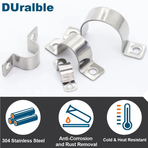 Front view: Durable stainless steel conduit clamps, 1/4 in (6 mm) OD, 2-hole U-brackets, 20 pcs